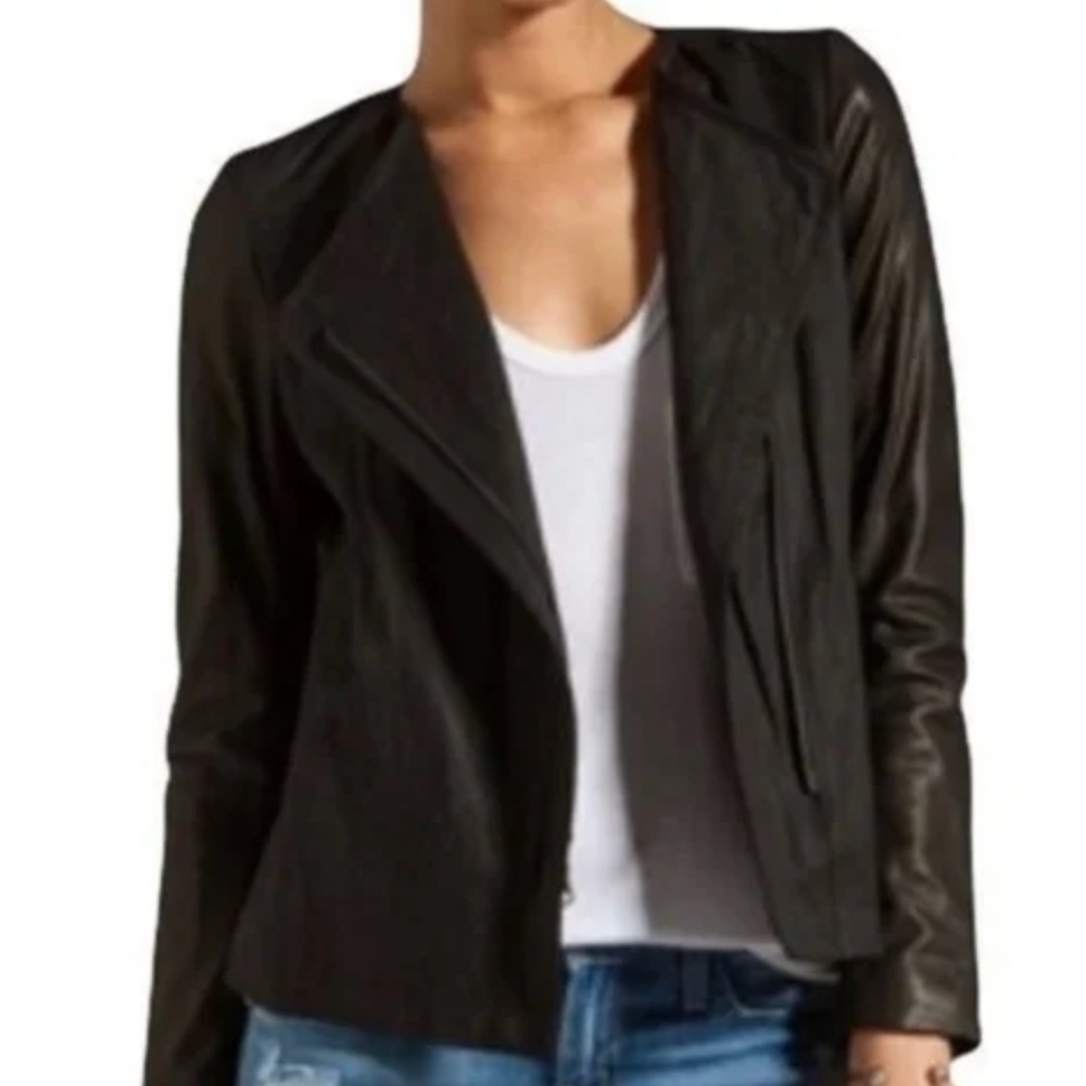 Vince Lamb Leather Linen Moto Asymmetric Black Jacket